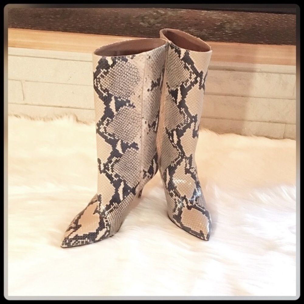 PARIS TEXAS Snakeskin-Effect Leather Mid-Calf High Stiletto Pull-On Boots